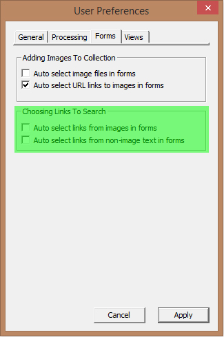 Image of User Preferences Dialog with the Processing tab selected - Auto select search options highlighted