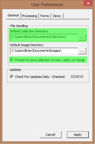 Image of User Preferences Dialog with the General tab selected - Default Fusker Collection Directory input highlighted