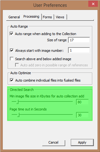 Image of User Preferences Dialog with the Processing tab selected - Directed Search Configuration and Auto Optimize Configuration highlighted