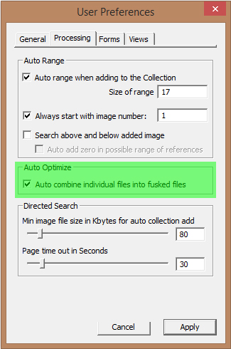 Image of User Preferences Dialog with the Processing tab selected - Auto Optimize Configuration highlighted