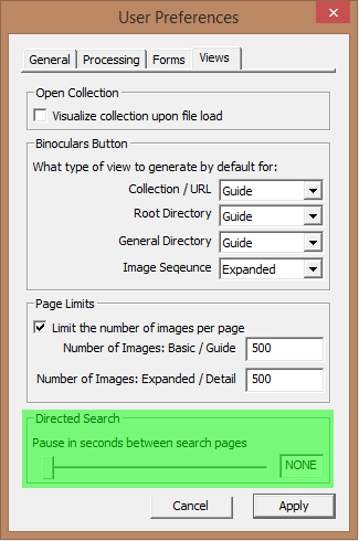 Image of User Preferences Dialog with the Views tab selected - Directed Search pause highlighted