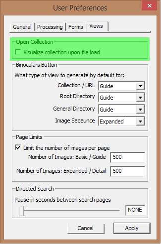 Image of User Preferences Dialog with the Views tab selected - Open Collection input highlighted