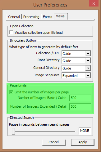 Image of User Preferences Dialog with the Views tab selected - Page Limits block highlighted