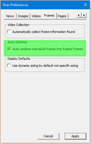 Image of User Preferences Dialog with the Frames tab selected - Auto combine files highlighted