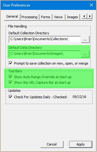 Image of User Preferences Dialog with the General tab selected - Toolbar Selection and Data Directory highlighted