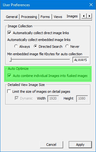 Image of User Preferences Dialog with the Images tab selected - Auto combine files highlighted