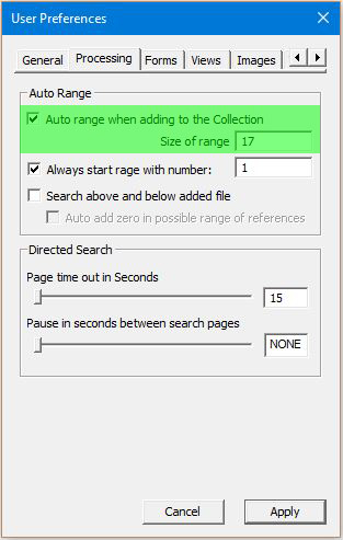 Image of User Preferences Dialog with the Processing tab selected - portion of Auto Ranging configuration block highlighted