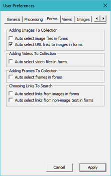 Image Surfer Pro user preferences Forms Tab dialog with selected inputs enabled
