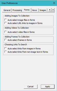 Image Surfer Pro user preferences Forms Tab dialog with no inputs enabled