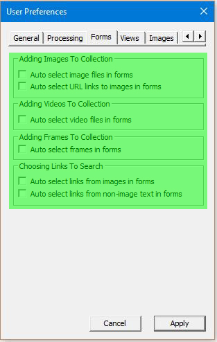 Image of User Preferences Dialog with the Processing tab selected - Adding Images To Collection and Choosing Links To Search highlighted