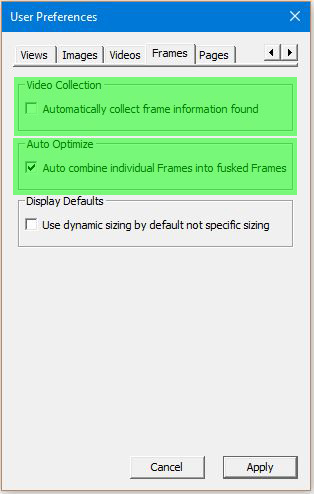 Image of User Preferences Dialog with the Frames tab selected - Collection and Optimization highlighted