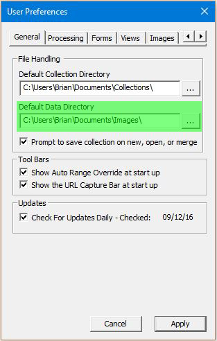 Image of User Preferences Dialog with the General tab selected - Default Image Directory highlighted