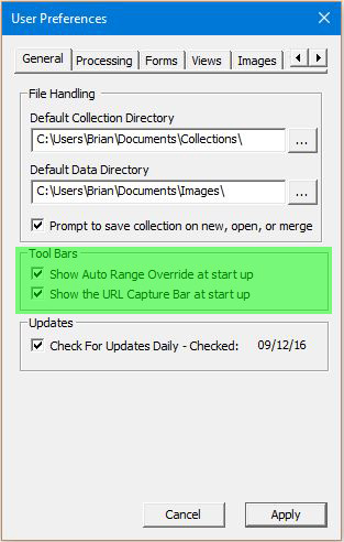 Image of User Preferences Dialog with the General tab selected - Toolbar Selection highlighted