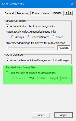 Image of User Preferences Dialog with the Images tab selected - image sizing configurations highlighted