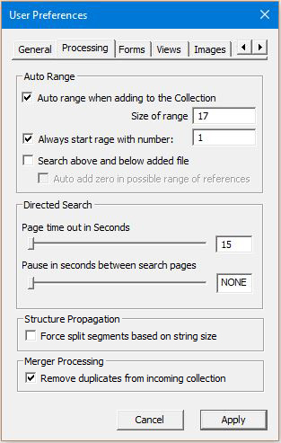 Image of User Preferences Dialog with the Processing tab selected - nothing highlighted