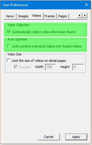 Image of User Preferences Dialog with the Videos tab selected - Collection and Optimization highlighted