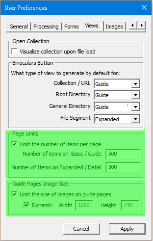 Image of User Preferences Dialog with the Views tab selected - Page Limits block highlighted