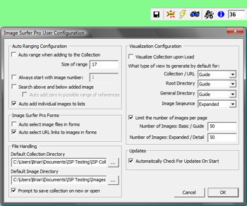 Image Surfer Pro configuration user config shows auto ranging turned off but overridden by ARO