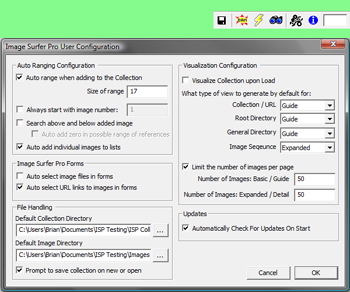 Image Surfer Pro configuration user config shows auto ranging turned off but overridden by ARO