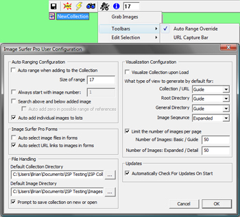 Image Surfer Pro user configuration and toolbar activating Auto Range Override