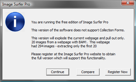 Screen capture of free version limitation dialog