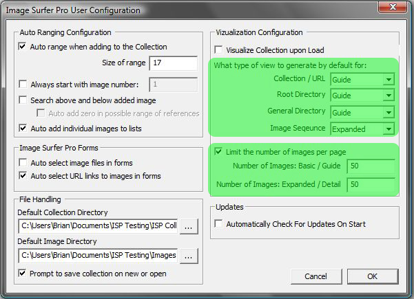 Image of User Configuration Dialog with the visualizaton configurations highlighted