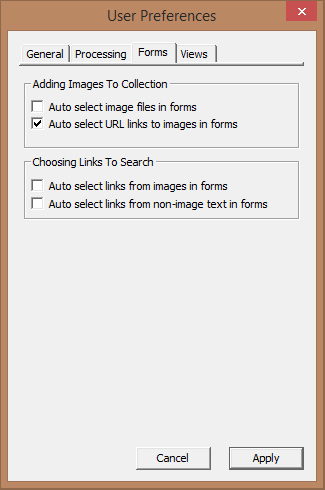Image of User Preferences Dialog with the Processing tab selected - nothing highlighted