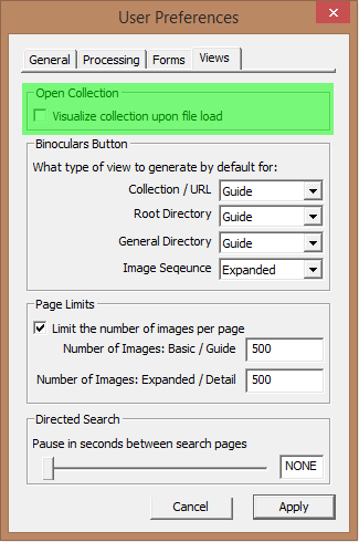Image of User Preferences Dialog with the Views tab selected - Open Collection input highlighted