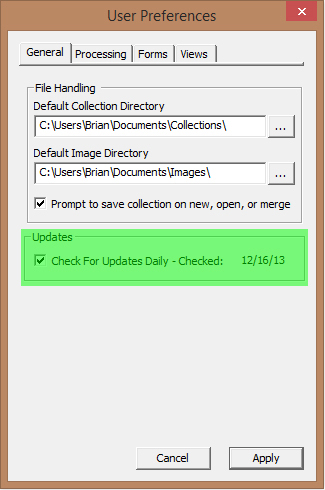 Image of User Preferences Dialog with the General tab selected - Updates block highlighted