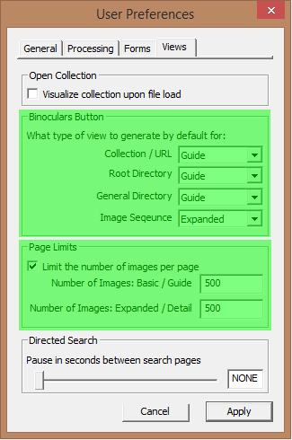 Image of User Preferences Dialog with the Views tab selected - Binoculars Button and Page Limits groups highlighted