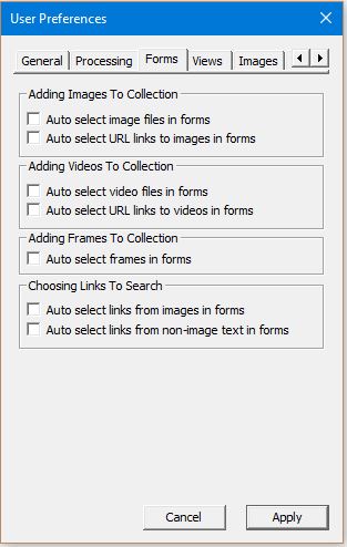 Image of User Preferences Dialog with the Processing tab selected - nothing highlighted
