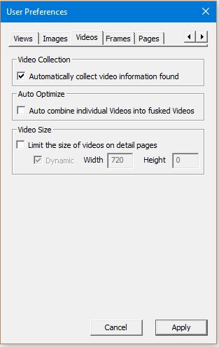 Image of User Preferences Dialog with the Videos tab selected - nothing highlighted