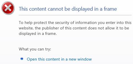 Screen capture of a IE display of a blocked frame reference to a URL