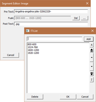 Screen capture of the segment and list editors showing the image resolution list fusk