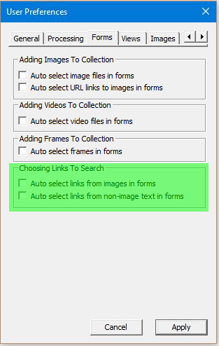 Image of User Preferences Dialog with the Processing tab selected - Auto select search options highlighted