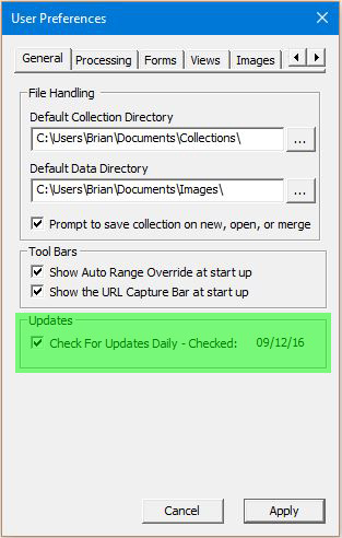 Image of User Preferences Dialog with the General tab selected - Updates block highlighted