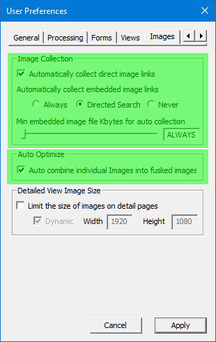 Image of User Preferences Dialog with the Images tab selected - Collection and Optimization highlighted
