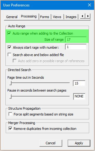 Image of User Preferences Dialog with the Processing tab selected - portion of Auto Ranging configuration block highlighted
