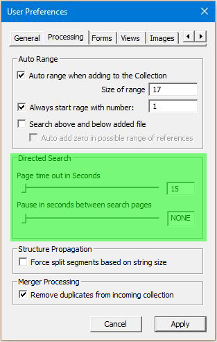 Image of User Preferences Dialog with the Processing tab selected - Directed Search Configuration and Auto Optimize Configuration highlighted