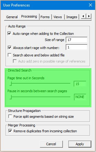Image of User Preferences Dialog with the Processing tab selected - Directed Search Configuration and Auto Optimize Configuration highlighted