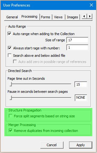 Image of User Preferences Dialog with the Processing tab selected - Merger configurations highlighted