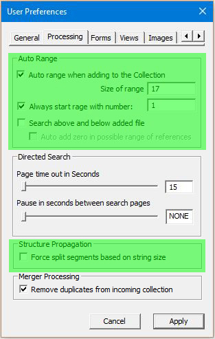Image of User Preferences Dialog with the Processing tab selected - Auto Range Configuration highlighted