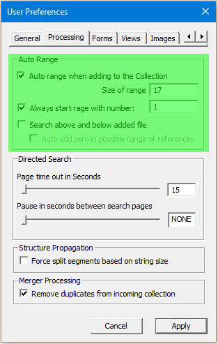 Image of User Preferences Dialog with the Processing tab selected - Auto Range configuration blocks highlighted