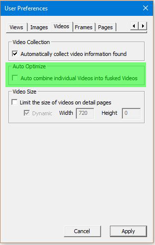 Image of User Preferences Dialog with the Videos tab selected - Auto combine files highlighted