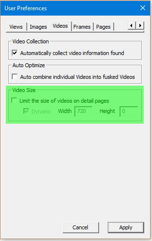 Image of User Preferences Dialog with the Videos tab selected - video sizing configurations highlighted