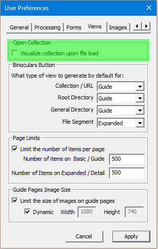 Image of User Preferences Dialog with the Views tab selected - Open Collection input highlighted