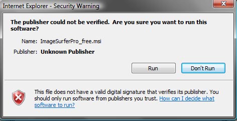 Screen capture of Windows warning non-verified software publisher